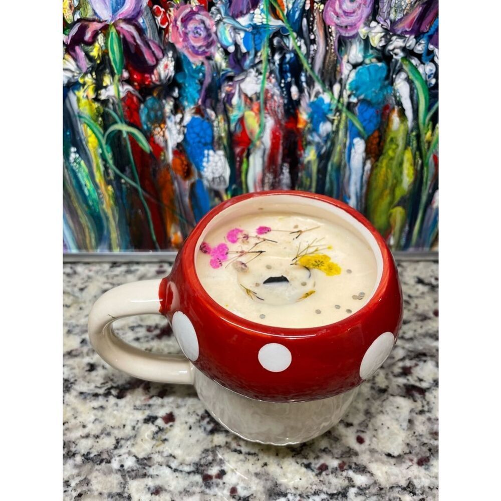 Market Square Mushroom Shaped Red Polka Dot Ceramic Mug Glittery Flower Candle